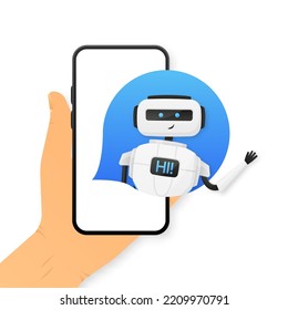 The Bot says hello to users. Welcome to the ChatBot. Online consultation. Vector illustration.