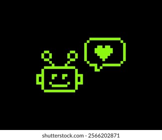 Bot support service with love. Robot head pixel art icon. Speech bubble, heart. Chatbot emoji. Vintage retro sticker. Editable pixel vector illustration. Game abstract element. Y2k geometric shape