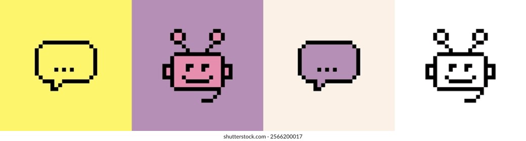 Bot support service pixel art icon line. Robot head answering. Speech bubble. Chatbot 8 bit emoji. Vintage retro sticker. Editable pixel vector illustration. Game abstract element. Y2k geometric shape