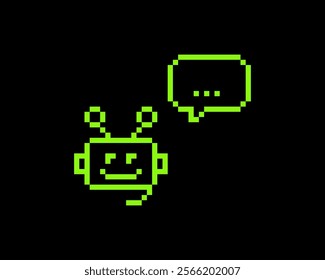 Bot support service pixel art icon. Robot head answering. Speech bubble. Chatbot 8 bit emoji. Vintage retro sticker. Editable pixel vector illustration. Game abstract acid element. Y2k geometric shape