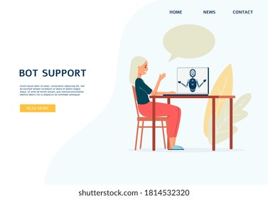 Los bots admiten la plantilla de página web con una mujer charlando con chatbot a través de la computadora, ilustración vectorial plana. Concepto del sitio web de línea de apoyo e inteligencia artificial.