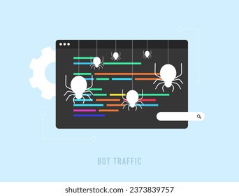 Bot traffic - SEO crawler bots, site-monitoring, aggregator, commercial robots and other non-human visitors to website. Search Engine Bot Vector isolated illustration on blue background with icons