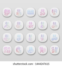 Bot types app icons set. Crawler, hacker, spambot, impersonator, scraper, propaganda robot. Artificial intelligence, ai. UI/UX user interface. Web or mobile applications. Vector isolated illustrations