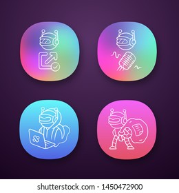 Bot types app icons set. Hacker, backlink checker, scraper. Malicious robot. Artificial intelligence, AI. UI/UX user interface. Web or mobile applications. Vector isolated illustrations