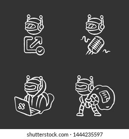 Bot types chalk icons set. Hacker, backlink checker, scraper bots. Malicious robot. Artificial intelligence, AI. Voice recognition. Computer virus. Isolated vector chalkboard illustrations