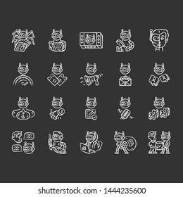 Bot types chalk icons set. Crawler, hacker, spambot, impersonator, scraper, informational robot. Technology, artificial intelligence, ai. Virtual reality. Isolated vector chalkboard illustrations