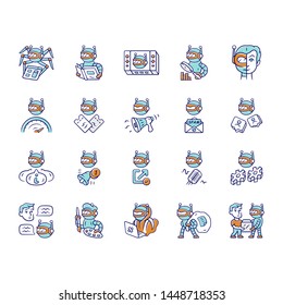 Bot types color icons set. Crawler, hacker, spambot, impersonator, scraper, propaganda, informational robot. Technology, artificial intelligence, ai. Virtual reality. Isolated vector illustrations