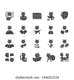Bot types glyph icons set. Crawler, hacker, spambot, impersonator, scraper, propaganda, informational robot. Artificial intelligence, ai. Silhouette symbols. Vector isolated illustration