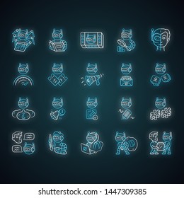 Bot types neon light icons set. Crawler, hacker, spambot, impersonator, scraper, propaganda robot. Artificial intelligence, ai. Virtual reality. Glowing signs. Vector isolated illustrations