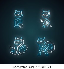 Bot types neon light icons set. Hacker, backlink checker, scraper bots. Malicious robot. Artificial intelligence, AI. Web optimization. Computer virus. Glowing signs. Vector isolated illustrations