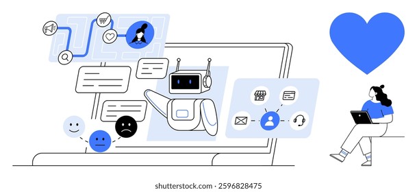 Bot and user chat on laptop against large blue heart. Ideal for tech support, customer service, AI, human-computer interaction, digital communication, client satisfaction, productivity. Line metaphor