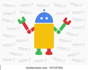 Bot and web robot is choosing internet domain - indexation and finding of pages and webpages on online net and www site. Process of web search engine service. Vector illustration