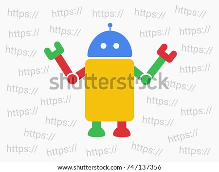 Bot and web robot is choosing internet domain - indexation and finding of pages and webpages on online net and www site. Process of web search engine service. Vector illustration