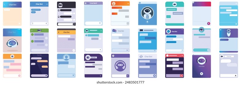 Bot-Fenster-Symbole gesetzt. Set von Messenger-App-Bildschirmen, die Chat-Bot-Fenster mit verschiedenen Farbthemen und Unterhaltungsphasen anzeigen
