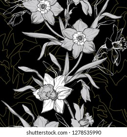 Botahical seamless pattern with flowers narcissus. Monochrome floral elements on black background. Hand drawn manual graphic. Design for textile, fabric, wallpaper, packaging. Vector Illustration