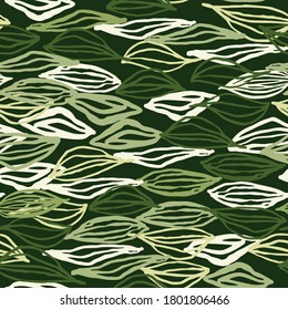 Botanic abstract leaf elements seamless pattern. Outline contoured ornament in green tones. Stylized print. Decorative print for wallpaper, textile, wrapping paper, fabric print. Vector illustration.