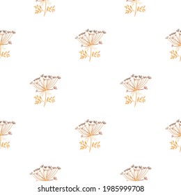 Botanic abstract seamless pattern with yarrow elements print. White background. Isolated nature print. Graphic design for wrapping paper and fabric textures. Vector Illustration.