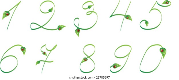 Botanic alphabet. Green handwrite text with leaves and ladybug. Numbers from 0 to 9