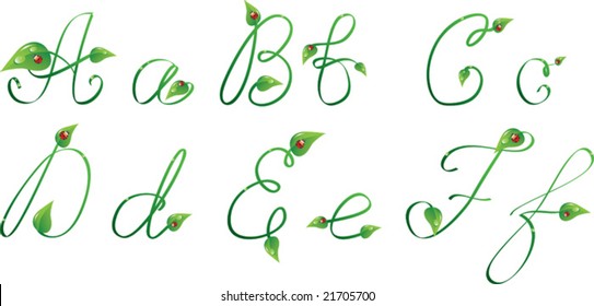 Botanic alphabet. Green handwrite text with leaves and ladybug. Letters from A to F