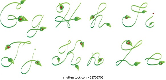 Botanic alphabet. Green handwrite text with leaves and ladybug. Letters from G to L