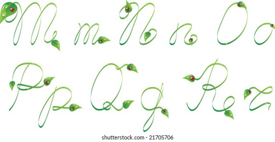 Botanic alphabet. Green handwrite text with leaves and ladybug. Letters from M to R