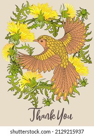 Tarjeta botánica con leones y pájaro. Concepto de adorno de primavera. Afiche floral, invitación. Diseño de vectores tarjeta de bienvenida decorativa o fondo de diseño de invitación. Diseño romántico.