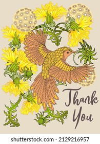 Tarjeta botánica con leones y pájaro. Concepto de adorno de primavera. Afiche floral, invitación. Diseño de vectores tarjeta de bienvenida decorativa o fondo de diseño de invitación. Diseño romántico.