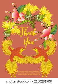 Botanic card with dandelions and bird. Spring ornament concept. Floral poster, invite. Vector layout decorative greeting card or invitation design background. Romantic design.