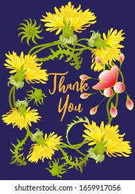 Botanic card with dandelions and cherry flowers. Spring ornament concept. Floral poster, invite. Vector layout decorative greeting card or invitation design background. Romantic design.