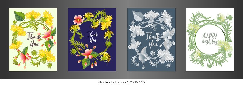 Botanic card with dandelions and cherry flowers. Spring ornament concept. Floral poster, invite. Vector layout decorative greeting card or invitation design background. Romantic design.