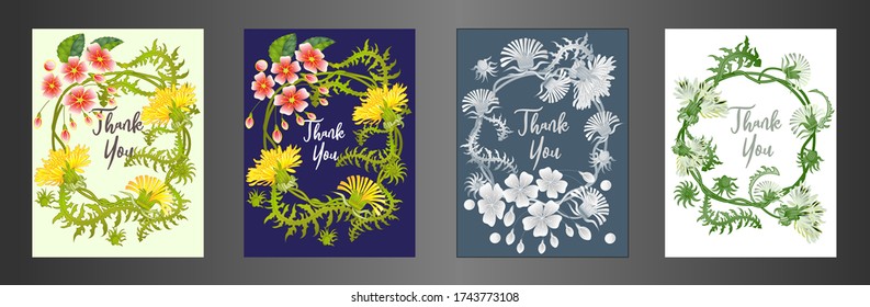 Botanic card with dandelions and cherry flowers. Spring ornament concept. Floral poster, invite. Vector layout decorative greeting card or invitation design background. Romantic design.