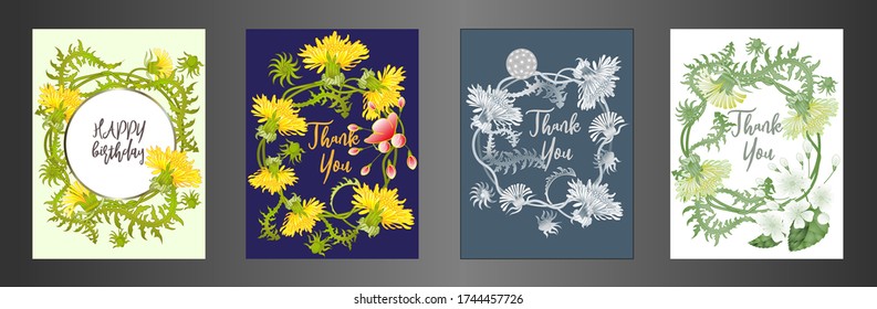 Botanic card with dandelions and cherry flowers. Spring ornament concept. Floral poster, invite. Vector layout decorative greeting card or invitation design background. Romantic design.