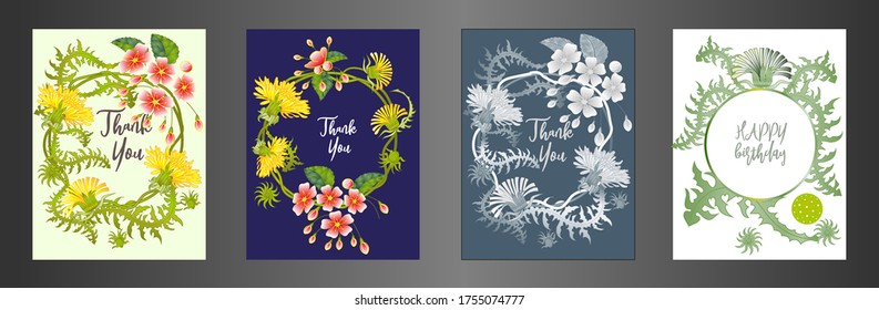 Botanic card with dandelions and cherry flowers. Spring ornament concept. Floral poster, invite. Vector layout decorative greeting card or invitation design background. Romantic design.