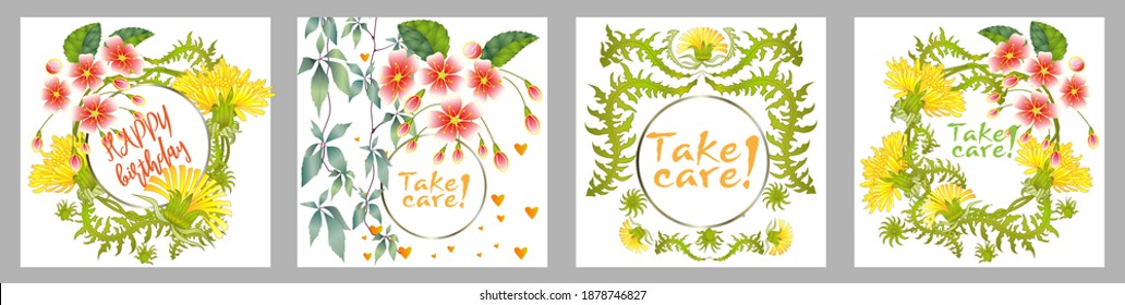 Botanic card with dandelions and cherry flowers. Spring ornament concept. Floral poster, invite. Vector layout decorative greeting card or invitation design background. Romantic design.
