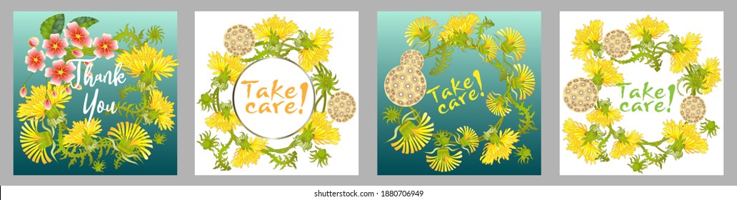 Botanic card with dandelions and cherry flowers. Spring ornament concept. Floral poster, invite. Vector layout decorative greeting card or invitation design background. Romantic design.