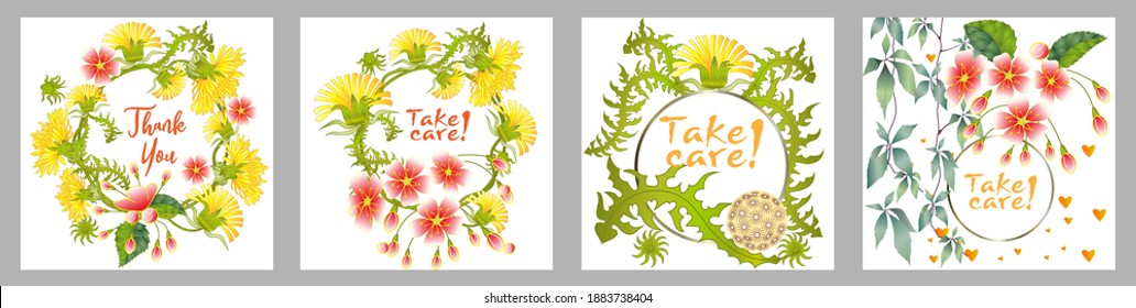 Botanic card with dandelions and cherry flowers. Spring ornament concept. Floral poster, invite. Vector layout decorative greeting card or invitation design background. Romantic design.