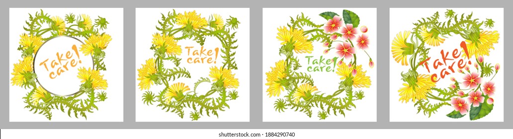 Botanic card with dandelions and cherry flowers. Spring ornament concept. Floral poster, invite. Vector layout decorative greeting card or invitation design background. Romantic design.