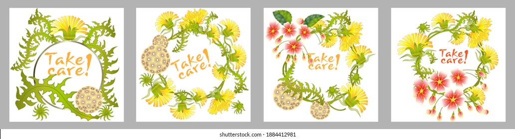 Botanic card with dandelions and cherry flowers. Spring ornament concept. Floral poster, invite. Vector layout decorative greeting card or invitation design background. Romantic design.