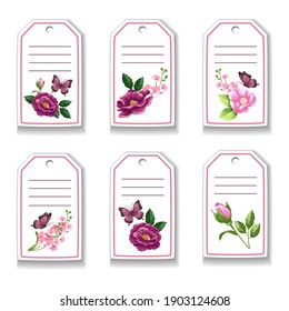 botanic card with flowers, roses, butterfly, leaves. Spring ornament concept. Floral poster, invite. Vector layout decorative greeting card or invitation design background. Hand drawn illustration