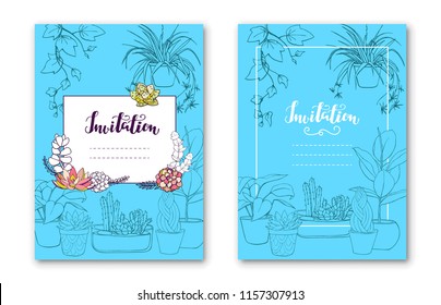 Botanic card with house plants, leaves. Floral poster, invitation. Vector layout decorative greeting card or invitation design background. Hand drawn illustration with calligraphy.