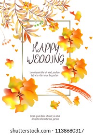 Botanic card with leaf, flowers. Spring ornament concept. Floral poster, invite. Vector layout decorative greeting card or invitation design background. Hand drawn illustration