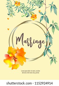 Botanic card with leaf, flowers. Spring ornament concept. Floral poster, invite. Vector layout decorative greeting card or invitation design background. Hand drawn illustration