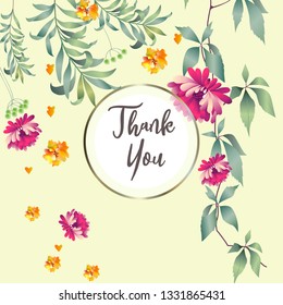 Botanic card with leaves, flowers. Spring ornament concept. Floral poster, invite. Vector layout decorative greeting card or invitation design background. Hand drawn illustration