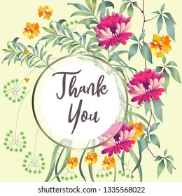 Botanic card with leaves, flowers. Spring ornament concept. Floral poster, invite. Vector layout decorative greeting card or invitation design background. Hand drawn illustration