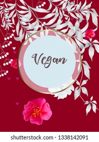 Botanic card with leaves, flowers. Spring ornament concept. Floral poster, invite. Vector layout decorative greeting card or invitation design background. Hand drawn illustration
