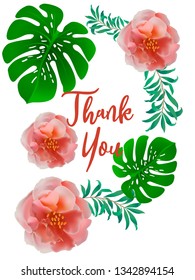 Botanic card with leaves, flowers. Spring ornament concept. Floral poster, invite. Vector layout decorative greeting card or invitation design background. Hand drawn illustration