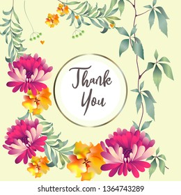 Botanic card with leaves, flowers. Spring ornament concept. Floral poster, invite. Vector layout decorative greeting card or invitation design background. Hand drawn illustration
