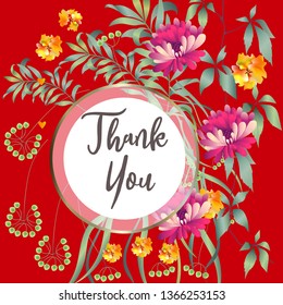 Botanic card with leaves, flowers. Spring ornament concept. Floral poster, invite. Vector layout decorative greeting card or invitation design background. Hand drawn illustration