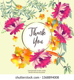Botanic card with leaves, flowers. Spring ornament concept. Floral poster, invite. Vector layout decorative greeting card or invitation design background. Hand drawn illustration