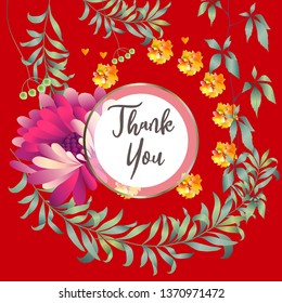 Botanic card with leaves, flowers. Spring ornament concept. Floral poster, invite. Vector layout decorative greeting card or invitation design background. Hand drawn illustration
